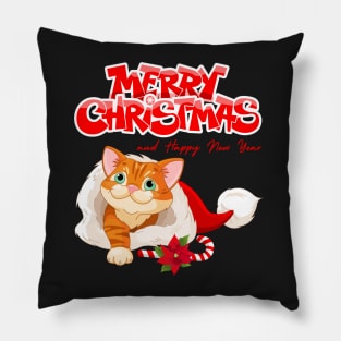 Red Cute Cartoon Cat with Candy Cane Christmas Pillow