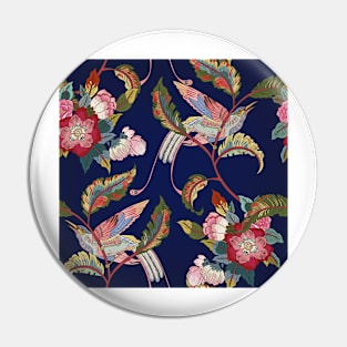 Dark Enchanted Vintage Flowers and Birds seamless pattern Pin