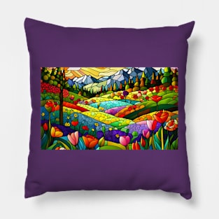 Stained Glass Colorful Mountain Flowers Pillow