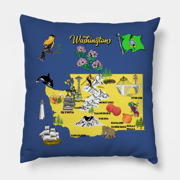 Hand Drawn Illustration of Washington State Map with Tourist Destinations, USA Pillow by Mashmosh