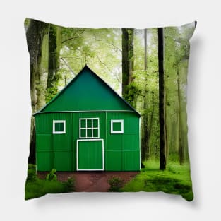 Green Color House in Forest Art Pillow