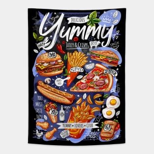 Food, yummy, print, burger, pizza, sandwich, roll, chicken Tapestry