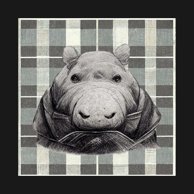 Hefty Hippopotamus in a coat, on a plaid background. by Liana Campbell