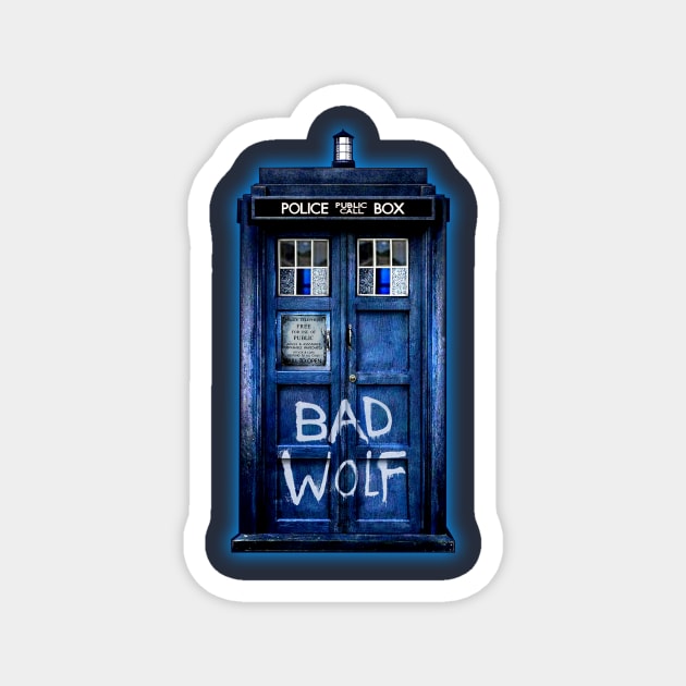 Blue Phone booth with Bad wolf grafitti Magnet by Dezigner007