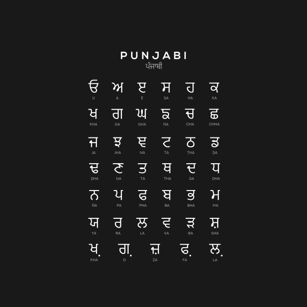 Punjabi Alphabet Chart, Panjabi Language Chart, Black by typelab