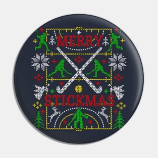 Funny Field Hockey Ugly Christmas Sweater Party Merry Stickmas Pin