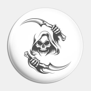 Skull in the Hood with Two Scythes Tattoo Pin