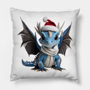 Realistic Artwork of a Cute Blue Baby Dragon Wearing a Red Santa Christmas Hat Pillow