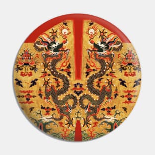 BLACK DRAGONS AMONG FLORAL SWIRLS Chinese Embroidery in Gold Yellow Red Pin