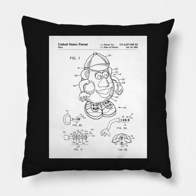 Mr Potato Head Patent - Potato Head Art - Black And White Pillow by patentpress