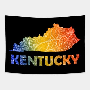 Colorful mandala art map of Kentucky with text in blue, yellow, and red Tapestry