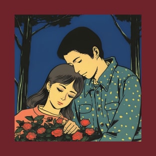 Lovely Couple with Flowers Illustration T-Shirt