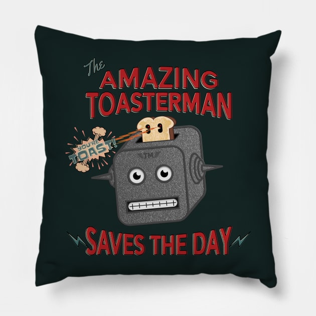 The Amazing Toasterman Saves The Day Funny Chrome Toaster Robot Pillow by SunGraphicsLab