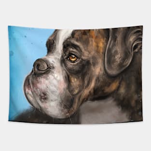 Painting of a Brindled Brown and White Boxer Dog Look to the Side on Blue Background Tapestry