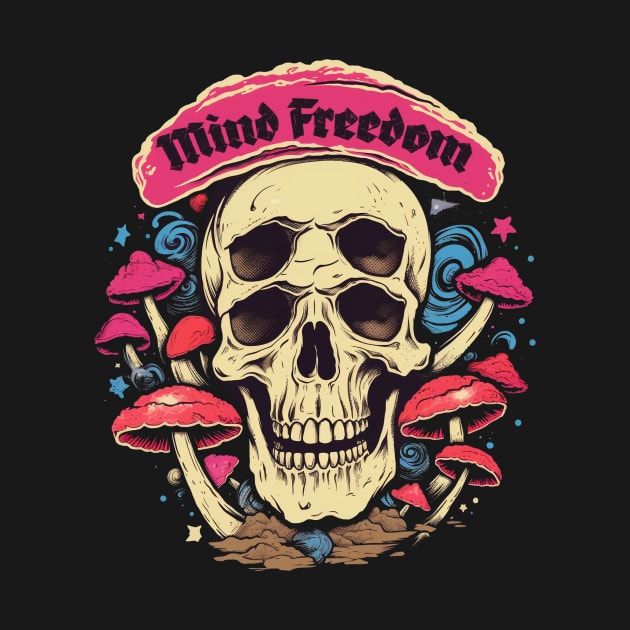 Mind Freedom Psychedelic Trippy Mushroom Skull by TOKEBI