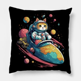 Colorful Cat Space Adventure - Whiskers Soaring on a Cosmic Rocket! Pillow