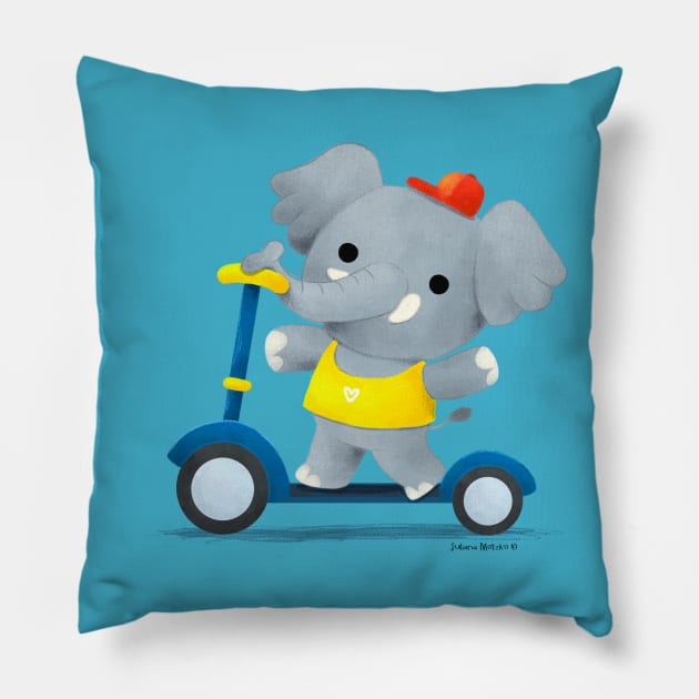 Elephant on Scooter Pillow by julianamotzko