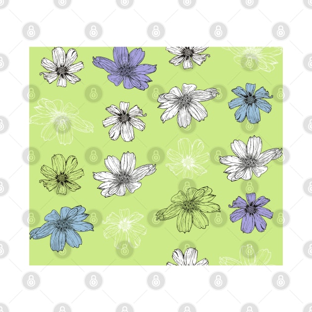 Pastel Cosmos flowers minimal on Honeydew by Artbyruthandco