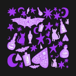 Spooky Witchy Halloween Symbols, Purple T-Shirt