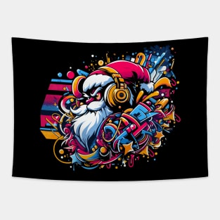 Santa Claus with headphones on his ears listening to music. Tapestry