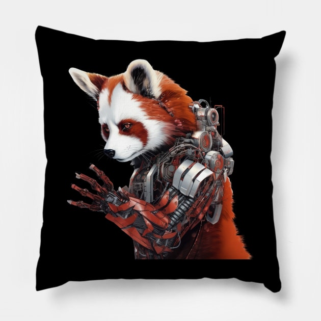 Mechanized Marvel: Red Panda Cyborg Pillow by MerlinArt