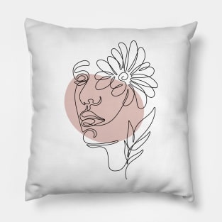 one line art female face  with flowers Pillow