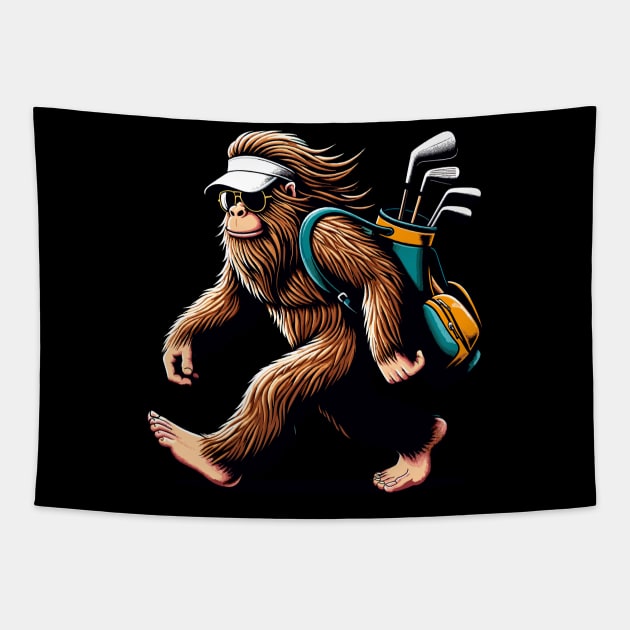 Funny Golf Novelty Sasquatch Bigfoot Golfing Tapestry by KsuAnn