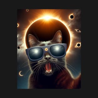 black cat taking a selfie with solar 2024 eclipse wearing Glasses T-Shirt