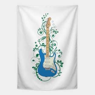 Blue S-Style Electric Guitar Flowering Vines Tapestry