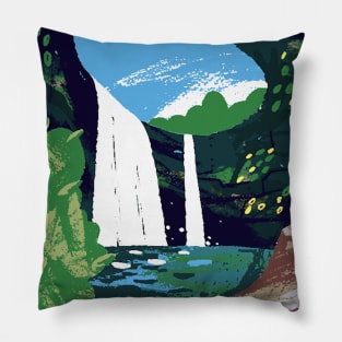 Green forest waterfall Pillow