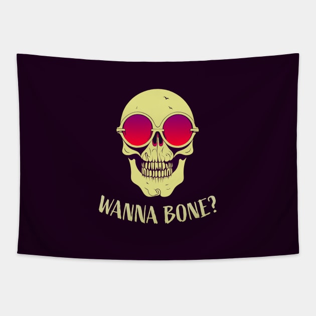 Wanna Bone? || Funny Halloween Skeleton With Sunglasses Tapestry by Mad Swell Designs