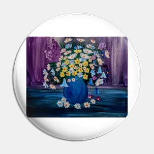 purple flowers and blue bells and daisy in a blue and vase Pin