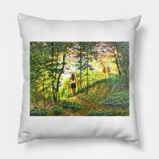 Woman girl with bicycle in woods zen yoga buddhism Pillow