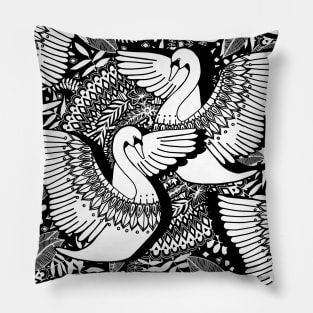 Stylish Swans in Monochrome Black and White Pillow