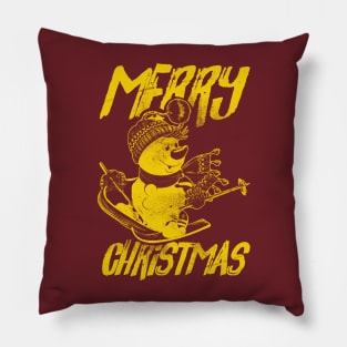 Skiing Snowman - Merry Christmas - Gold Pillow