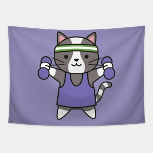 Cute Workout Cat with Weights and Headband Tapestry