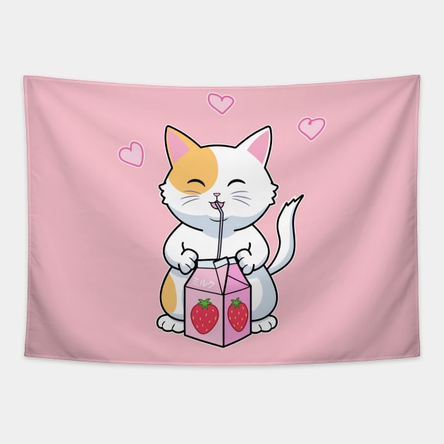 Kawaii Anime Cat with Strawberry Milk Tapestry by AtomicBullfrog