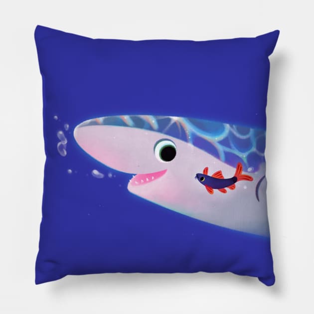 Rainbow shark meets blue shark Pillow by pikaole