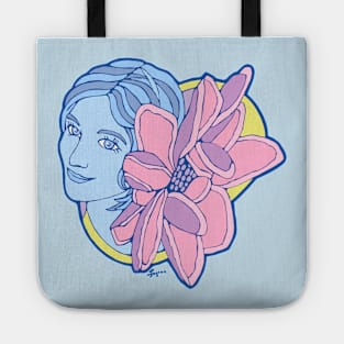 Pretty Woman in Blues with Giant Pink Flower Tote