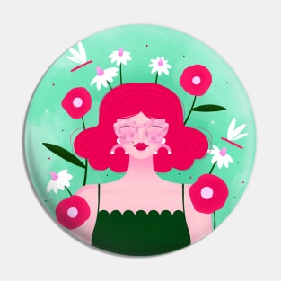 Happy girl with flowers and dragonflies, version 3 Pin