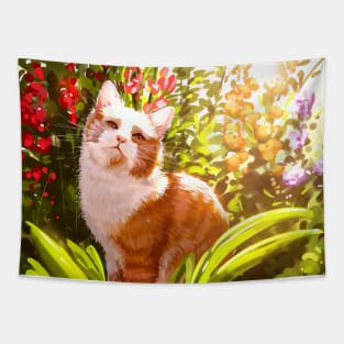Patterned white orange Cat Chilling in the garden surrounded by flowers Tapestry