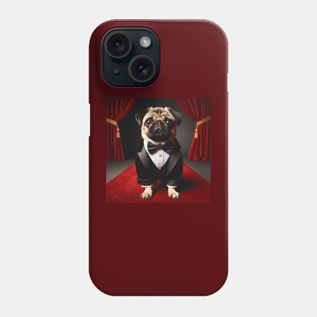 Pug dog in formal tuxedo suit sitting on red carpet Phone Case by nicecorgi