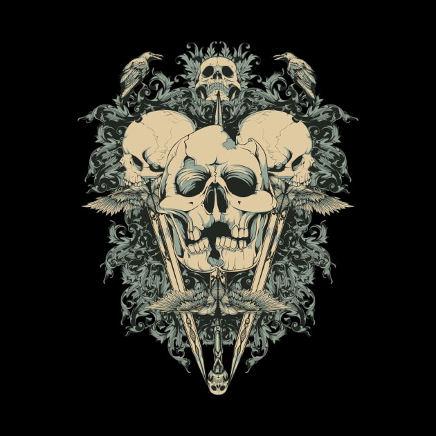 Zombie Aztec Skull Bones with Ravens by XOZ