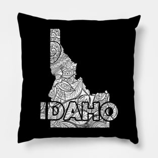 Mandala art map of Idaho with text in white Pillow