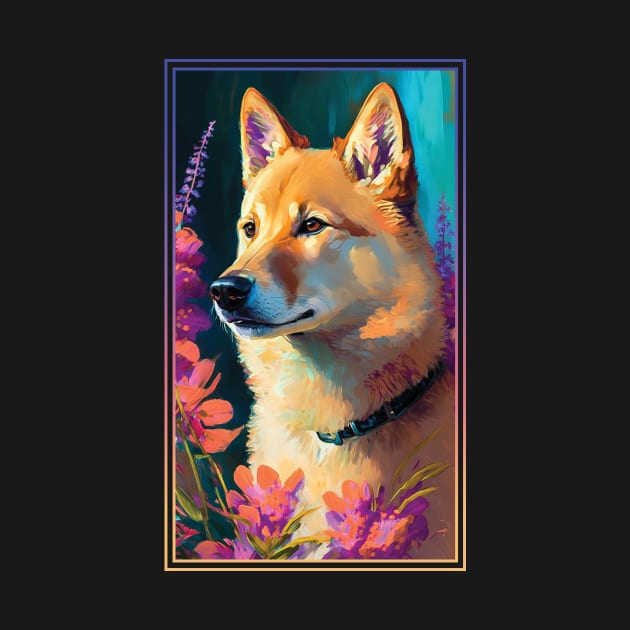 Jindo Dog Vibrant Tropical Flower Tall Digital Oil Painting Portrait by ArtHouseFlunky