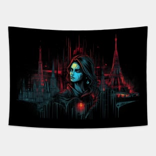 Paris Cyber Siren A Cyberpunk Cityscape with a Cyborg Woman Tapestry