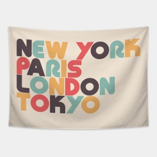 New York Paris London Tokyo Retro Typography Tapestry