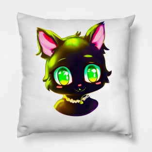Black cat with green eyes wearing necklace Pillow