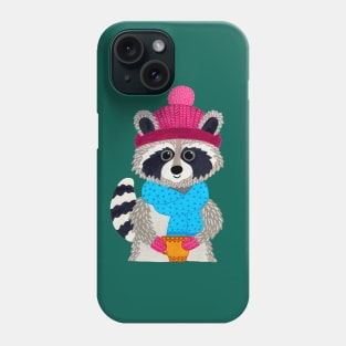 Raccoon with scarf, hat, mittens and a mug Phone Case