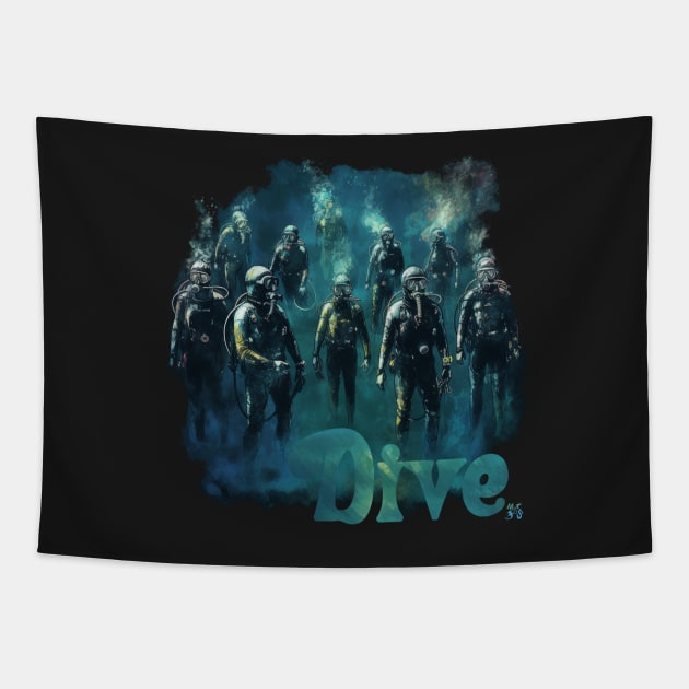 Watercolor scuba diving: 10 scuba divers Tapestry by MacJos